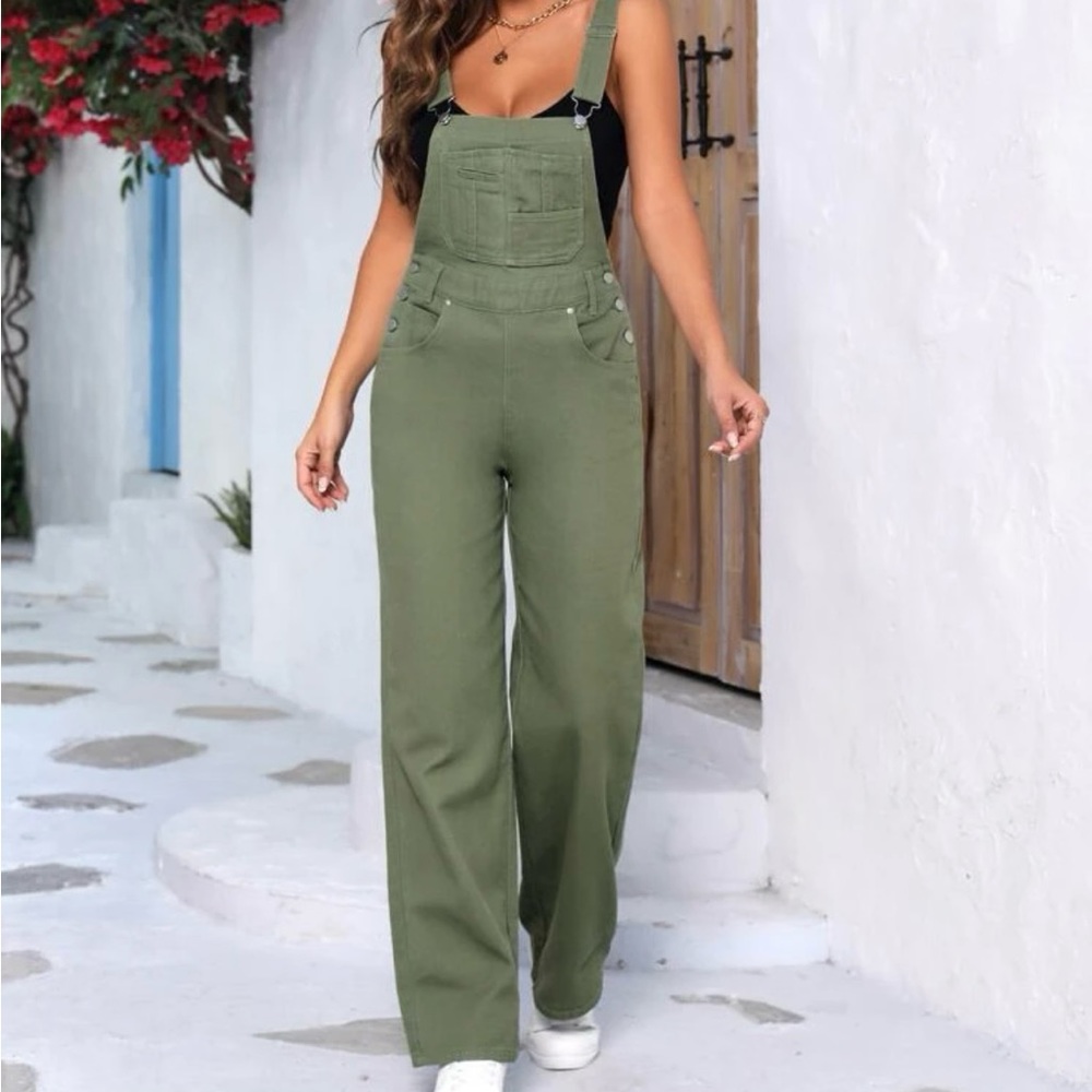 💫SHEIN Womens with Patch Jeans Salopette Green - Picture 1 of 5